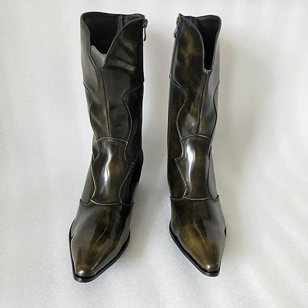 Medium-calf Western Cowboy Men Genuine Leather 6.5cm Heels Motorcycle Military Boots  -  GeraldBlack.com