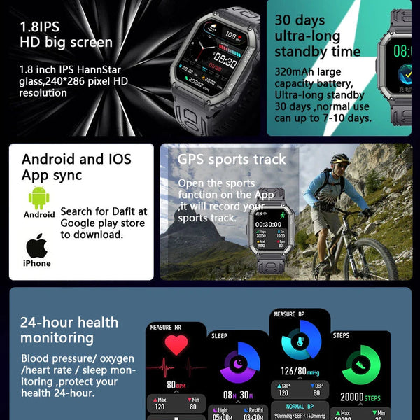 Men 1.8inch Bluetooth Dial GPS Movement track Calls waterproof fitness Heart Rate Sports Smartwatch  -  GeraldBlack.com