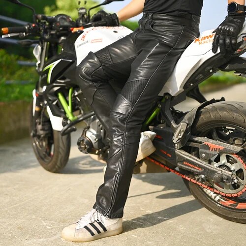 Men 100% Pure Cowhide Leather Motorcycle Slim Fit Casual Trousers  -  GeraldBlack.com