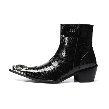 Men 6.5CM High Heel Iron Toe Black White Men Genuine Leather Ankle Party and Wedding Boots  -  GeraldBlack.com