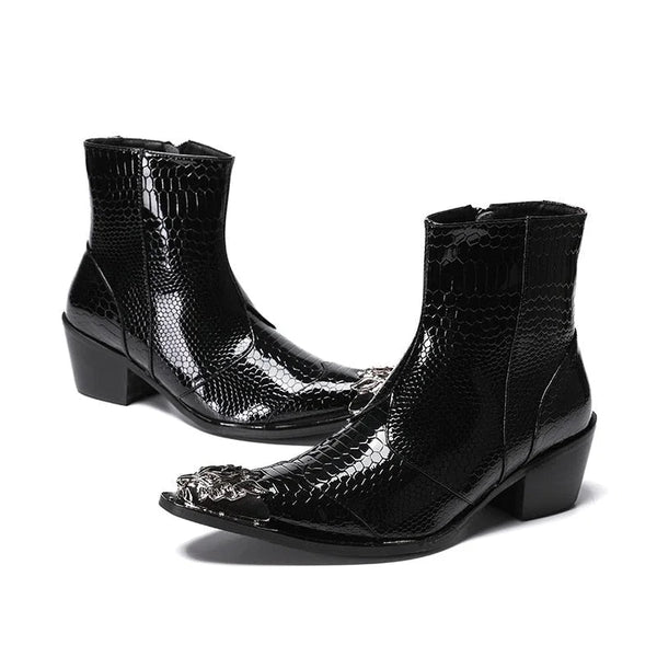 Men 6.5CM High Heel Iron Toe Black White Men Genuine Leather Ankle Party and Wedding Boots  -  GeraldBlack.com