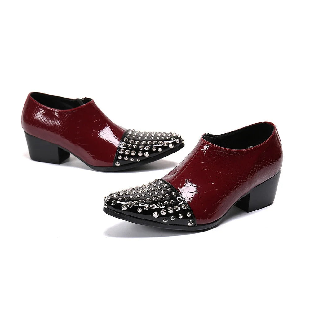 Men 6.5cm High Heels Japanese Type Pointed Toe Rivets Wine Red Genuine Leather Ankle Boots  -  GeraldBlack.com