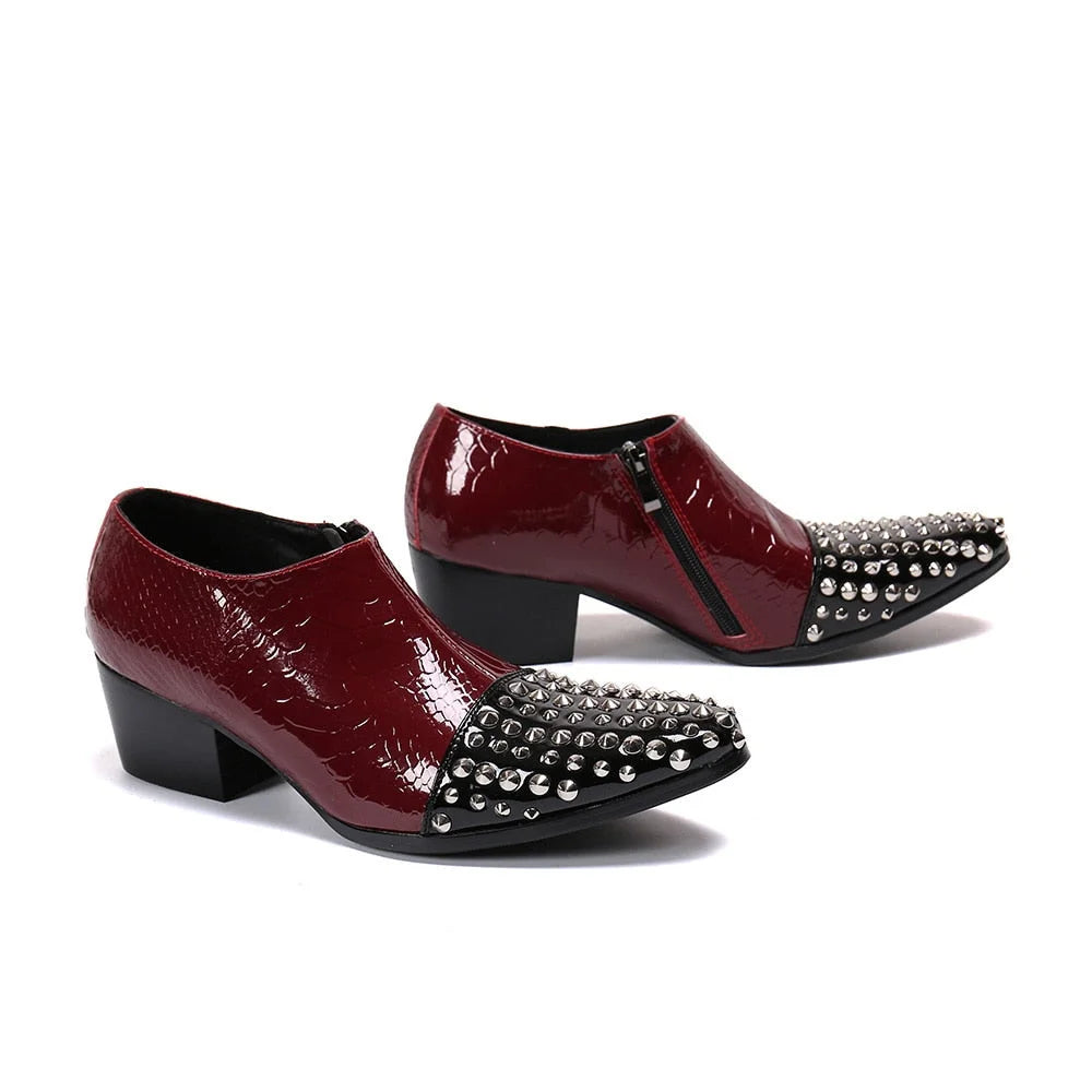 Men 6.5cm High Heels Japanese Type Pointed Toe Rivets Wine Red Genuine Leather Ankle Boots  -  GeraldBlack.com