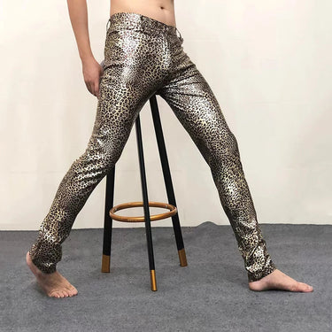 Men 70s Disco Dance Stage Leather Sexy Leopard Metallic Stretch Nightclub Party Trousers  -  GeraldBlack.com