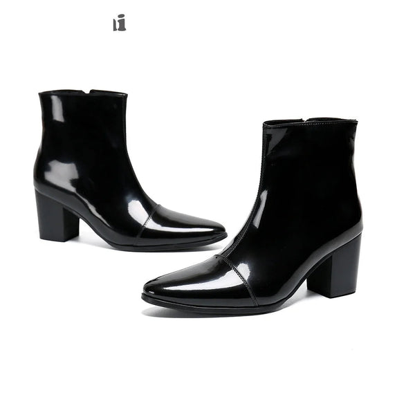 Men 7CM Pointed Toe Leather High Heel Zip Black Business Leather Ankle Boots  -  GeraldBlack.com