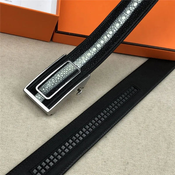 Men Authentic Genuine Exotic Stingray Smooth Skin Leather Automatic Buckle Classic Black White Belts Waist Straps  -  GeraldBlack.com