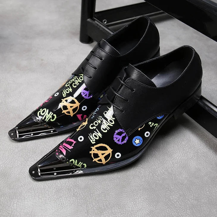 Men Black Genuine Leather Lace-up Pointed Metal Toe Formal Business Oxford Shoes  -  GeraldBlack.com