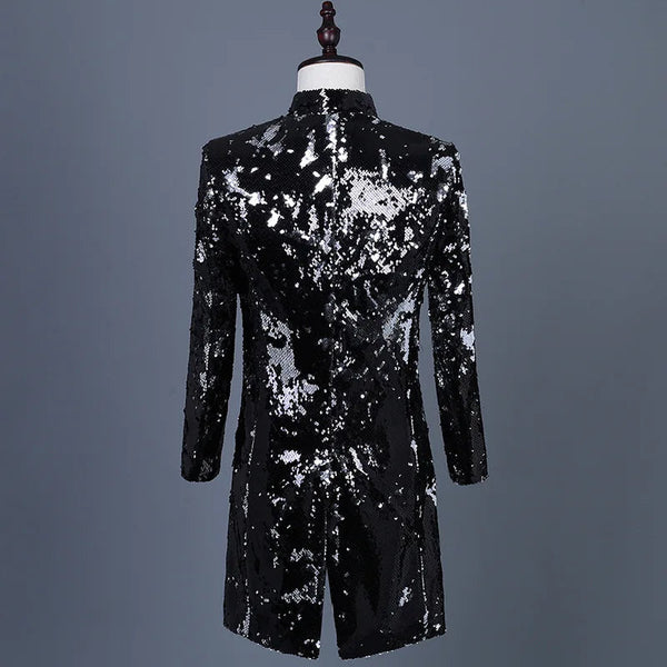 Men's Black Silver Shiny Sequin Punk Style Slim Fit Party Prom Blazer