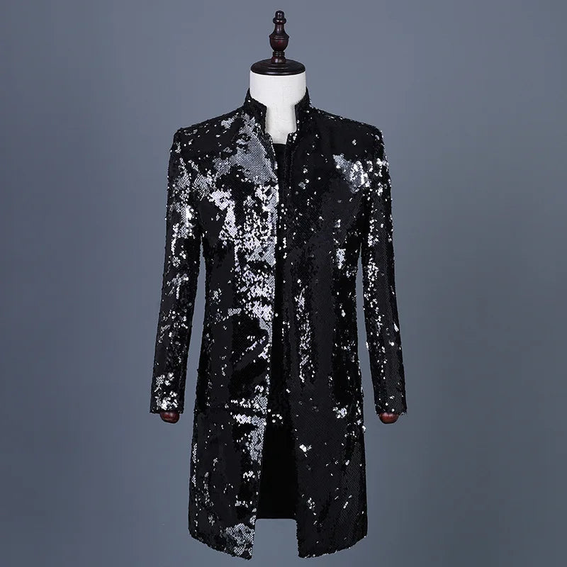 Men Black Silver Sequin Punk Style Slim Fit Shiny Party Prom Rock and Roll Singer Blazer Jacket Clothes  -  GeraldBlack.com