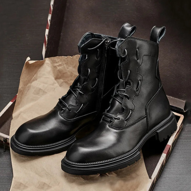 Men Casual Chelsea Boots High-TOP Ankle Riding Retro Genuine Leather Sneakers Lace Up Trainers Autumn Shoes  -  GeraldBlack.com