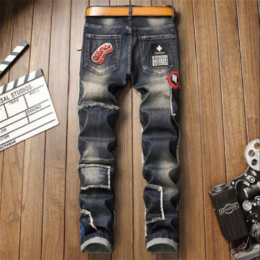 Men European and American Holes Paste Cloth Small Straight Leg Stretch Casual Hip Hop Skinny Jeans  -  GeraldBlack.com