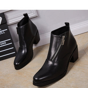 Men Genuine Leather 6.8CM Heels Black British Style  Round Toe Square High Heels Boots  -  GeraldBlack.com
