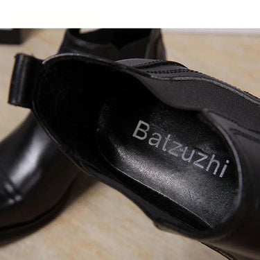 Men Genuine Leather 6.8CM Heels Black British Style  Round Toe Square High Heels Boots  -  GeraldBlack.com