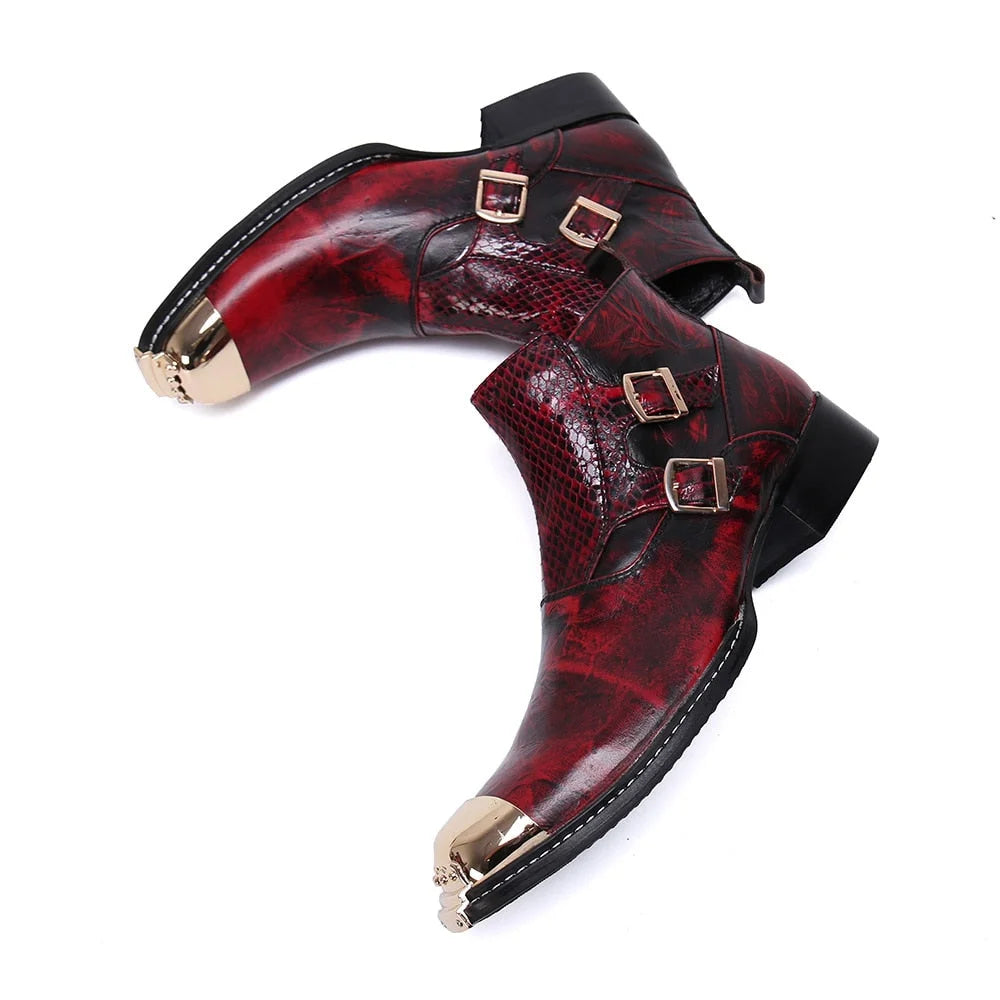 Men Gold Iron Toe Luxury Leather Ankle Buckles Red Party Wedding Boots  -  GeraldBlack.com