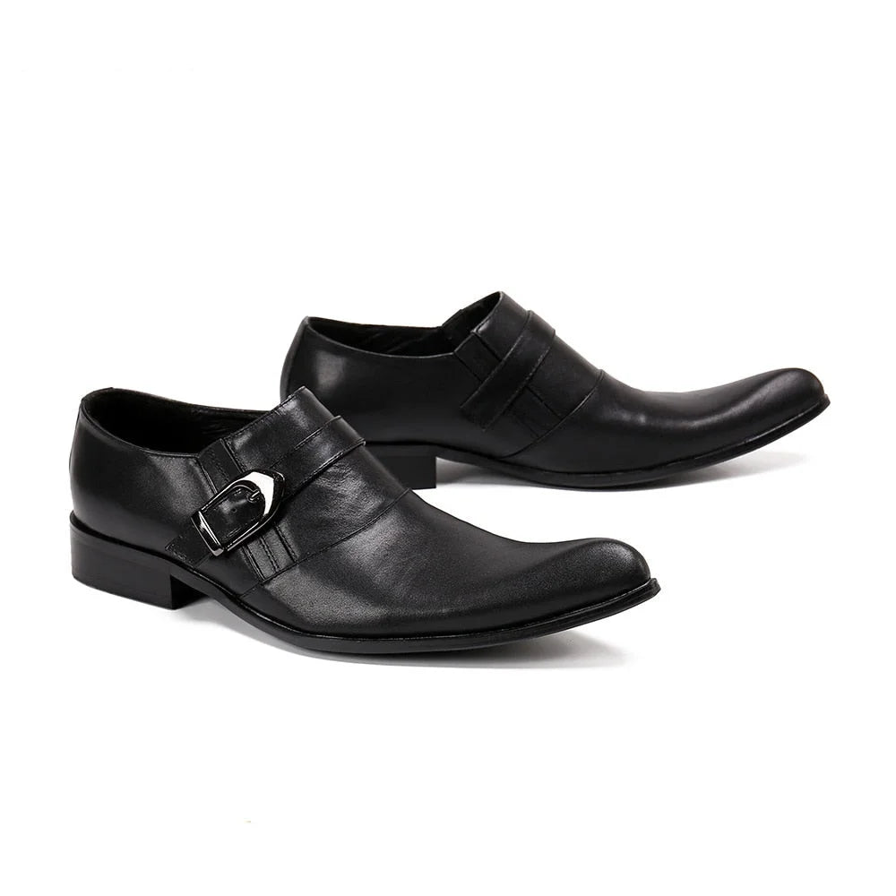 Men Leather Pointed Toe Buckle Black Genuine Leather Soft Comfortable Dress Shoes  -  GeraldBlack.com