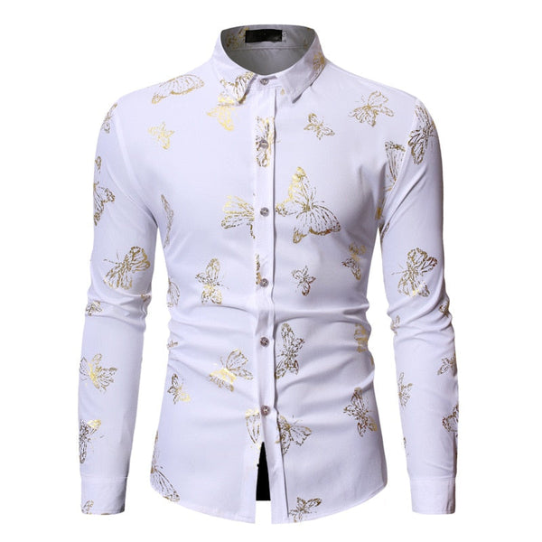 Men Long Sleeve Shirts Luxury Dress Shirt Butterfly Print Wedding Party Formal Top Slim Fit Clothes  -  GeraldBlack.com