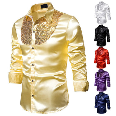Men Long Sleeve Wedding Dress Shirt Shine Soft Business Style Sequin Glitter Formal Party Tops  -  GeraldBlack.com
