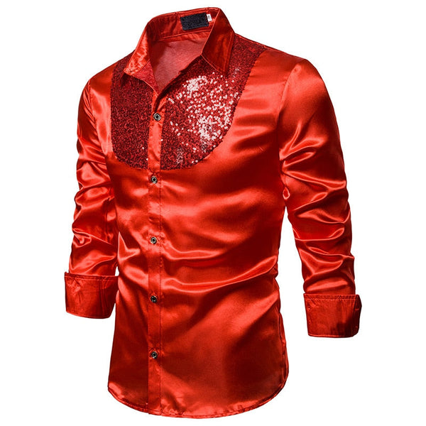 Men Long Sleeve Wedding Dress Shirt Shine Soft Business Style Sequin Glitter Formal Party Tops  -  GeraldBlack.com