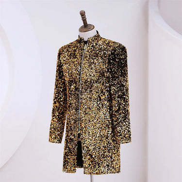 Men Luxury Gold Shiny Stand Collar Zipper Long Blazer Suit Jacket Party Show Stage Prom Singer Costumes  -  GeraldBlack.com