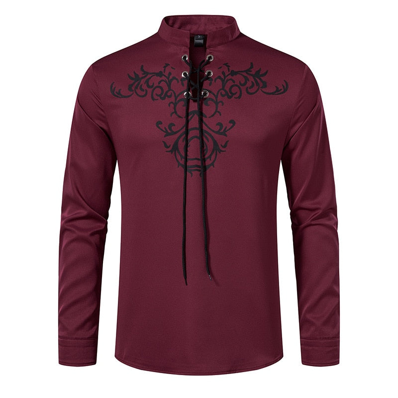 Men Medieval Vintage Lace Up Viking Retro Renaissance Long Sleeve Top Stand Collar Casual Henley Shirts Clothes  -  GeraldBlack.com