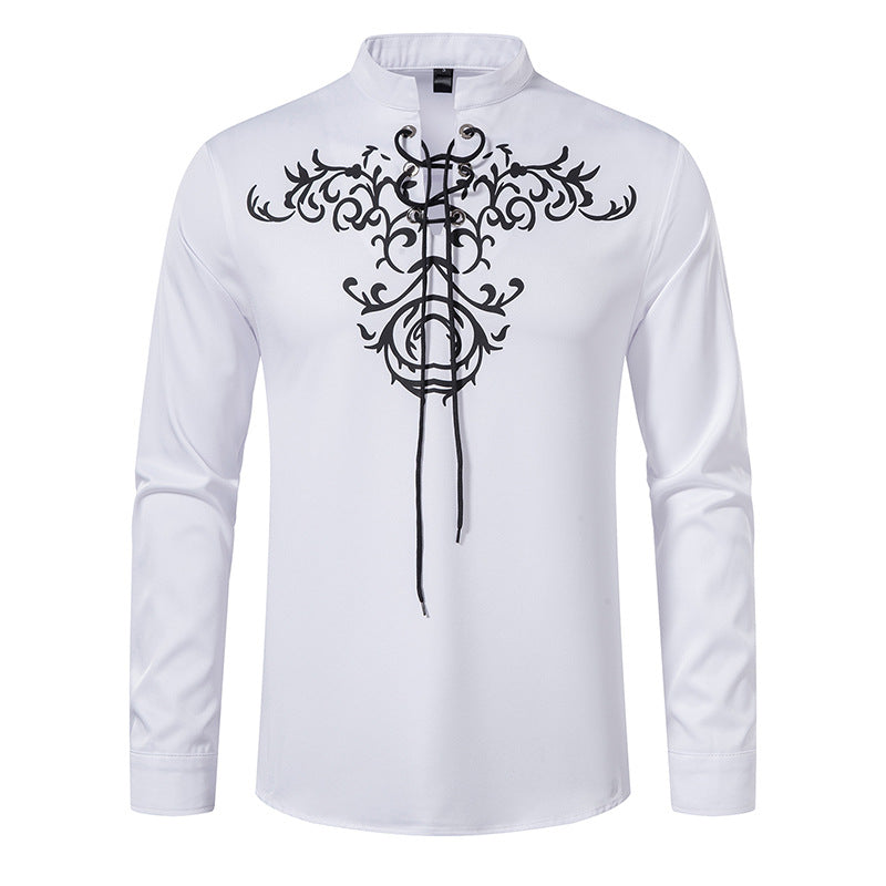Men Medieval Vintage Lace Up Viking Retro Renaissance Long Sleeve Top Stand Collar Casual Henley Shirts Clothes  -  GeraldBlack.com