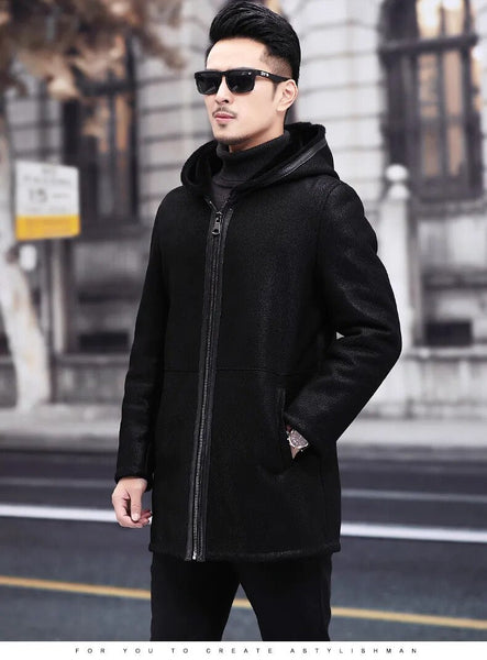 Men Natural Fur Genuine Leather Medium Long Hooded Wool Winter Coats Clothing  -  GeraldBlack.com