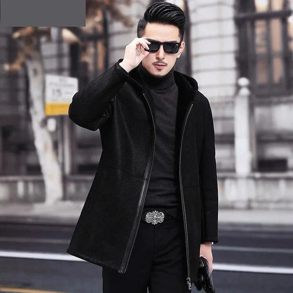 Men Natural Fur Genuine Leather Medium Long Hooded Wool Winter Coats Clothing  -  GeraldBlack.com