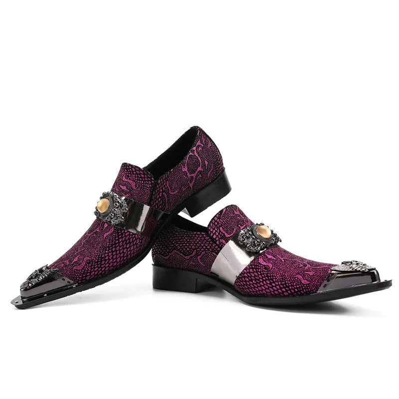 Men Pointed Iron Head Purple Leather Personality Party and Wedding Dress Shoes  -  GeraldBlack.com
