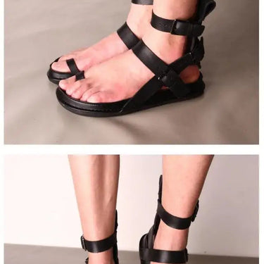 Men Rome Black Gladiator High-Top Genuine Leather Slides Summer Sandals  -  GeraldBlack.com