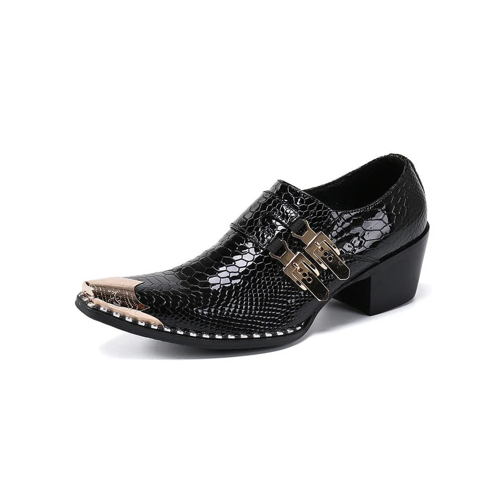 Men's 6.5cm High Heels Pointed Metal Tip Black Genuine Leather Oxford Dress Shoes For Business Party 38-46  -  GeraldBlack.com