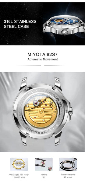 Men's Automatic Mechanical Miyota Multi-Function Hollow Flywheel Business Simple Watch Luminous  -  GeraldBlack.com