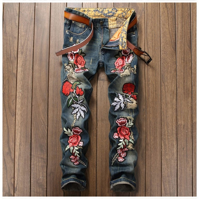 Men's Winter Retro Rose Embroidery Mid-Waist Straight-Leg Jeans Pants ...