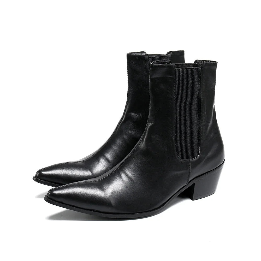 Men's Black Genuine Leather Pointed Toe Knight 7cm High Heels Ankle Knight Boots  -  GeraldBlack.com