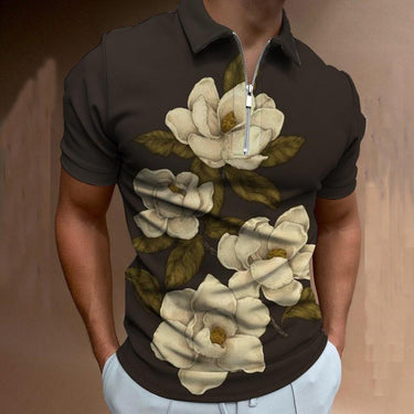 Men's Black Vintage Flower Printing Oversized Zipper Short Sleeve Casual Streetwear Polo Shirt Summer Clothes  -  GeraldBlack.com