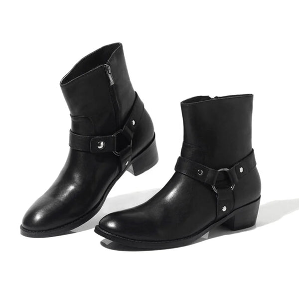 Men's British Autumn Black Solid Leather Pointed Toe Zip Ankle Boots  -  GeraldBlack.com