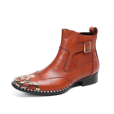 Men's Brown Genuine Leather Metal Toe Motorcycle Business Ankle Boots  -  GeraldBlack.com