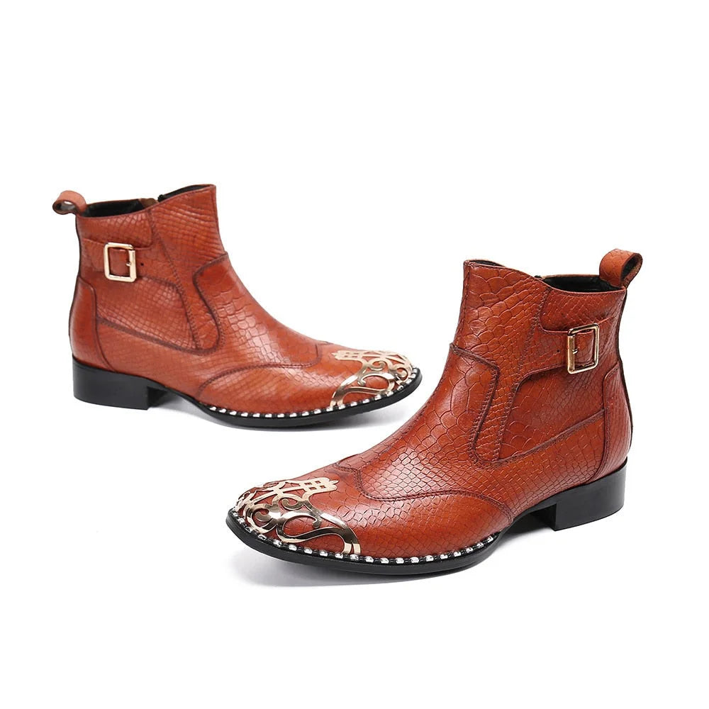 Men's Brown Genuine Leather Metal Toe Motorcycle Business Ankle Boots  -  GeraldBlack.com