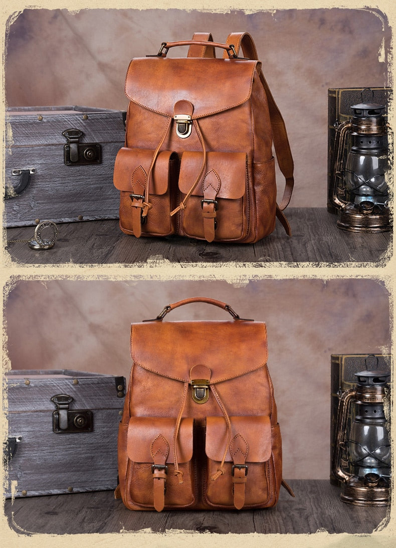 Men's Brown Handmade First Layer Cowhide Leather Large Capacity Backpack on Clearance  -  GeraldBlack.com