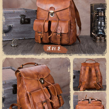 Men's Brown Handmade First Layer Cowhide Leather Large Capacity Backpack on Clearance  -  GeraldBlack.com