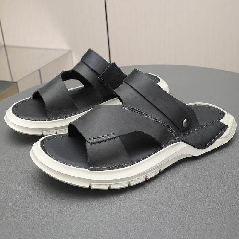 Men's Concise Leather Simple Hollow Out Summer Breathable Beach Casual Slides Businessman Sandals  -  GeraldBlack.com
