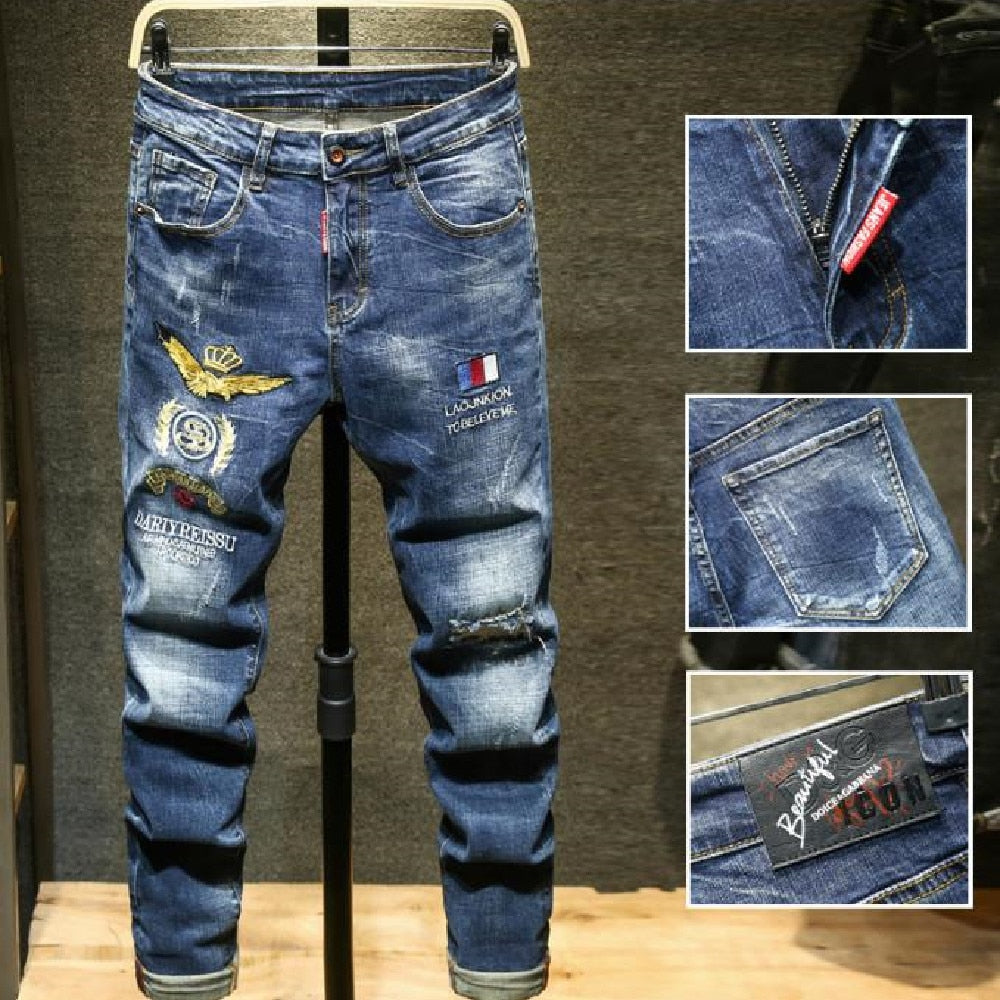 Men's Contracted Personality Ripped Blue Embroidery Stretch Small Slim Jeans Street Casual Pants  -  GeraldBlack.com