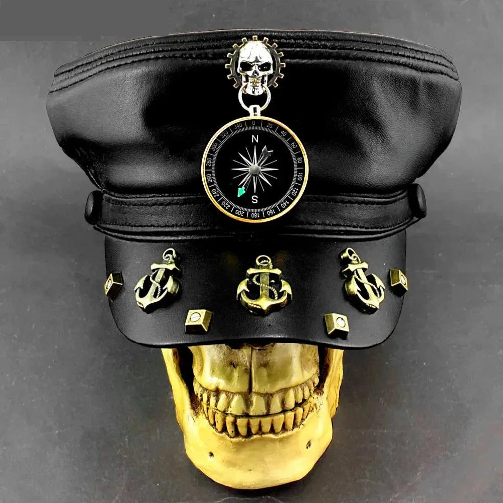 Men's Cool Steampunk Gothic Genuine Leather Biker Roc Military Hat  -  GeraldBlack.com