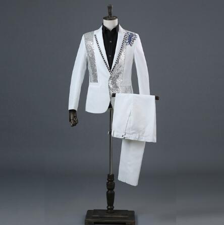 Men's Diamond Silver White Tuxedo Slim Fit Blazer Pants Bow Tie Three-Piece Suit On Clearance  -  GeraldBlack.com
