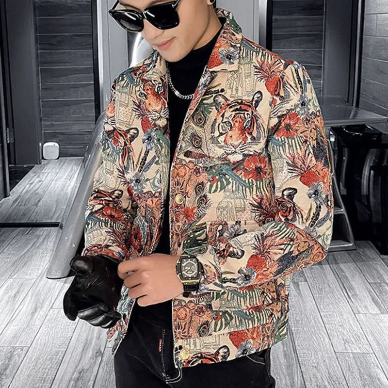 Men's Fashion Tiger Print Slim Casual Lapel Single Breasted Business Social Blazer Coats  -  GeraldBlack.com