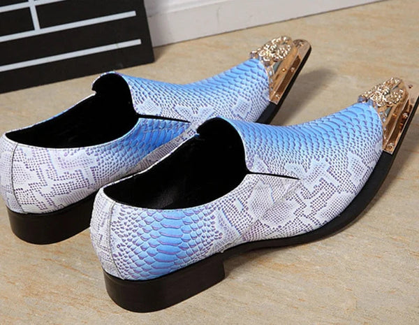 Men's Fight Color Snake Pattern Cowhide Increase Heels Pointed Toe Party Fashion Oxford Dress Shoes  -  GeraldBlack.com