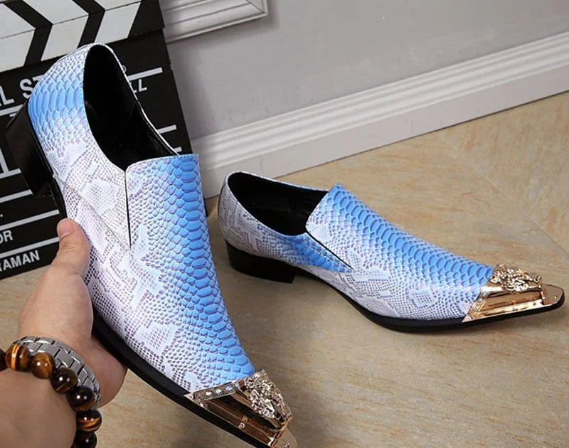 Men's Fight Color Snake Pattern Cowhide Increase Heels Pointed Toe Party Fashion Oxford Dress Shoes  -  GeraldBlack.com