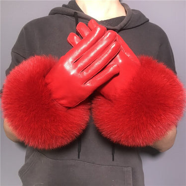 Men's Fox Fur Gloves Winter Luxury Style Warm Sheepskin Genuine Leather Gloves Driving Thickening Mitten  -  GeraldBlack.com
