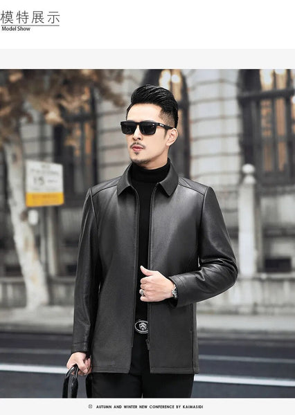 Men's Genuine Leather Deerskin Lapel Business Casual Medium Street Jacket  -  GeraldBlack.com