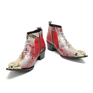 Men's Gold Iron Toe Red Gold Leather Snake Skin Fashion Ankle Boots for Party Wedding  -  GeraldBlack.com