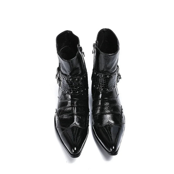 Men's Handmade Black Genuine Leather Pointed Toe Buckles 6.5cm Heels Military Short Ankle Boots  -  GeraldBlack.com